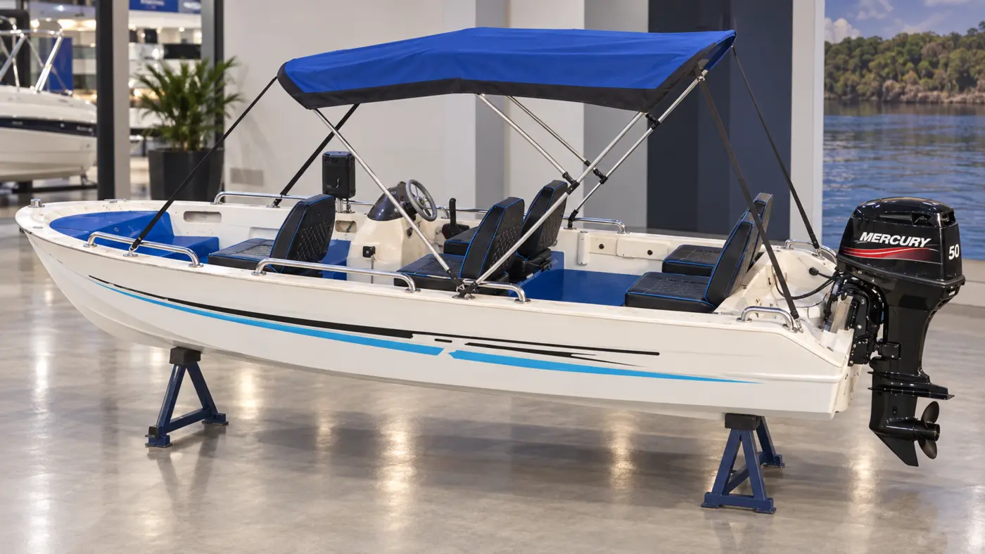 Lancha branca e azul com cobertura e motor vista de lado
