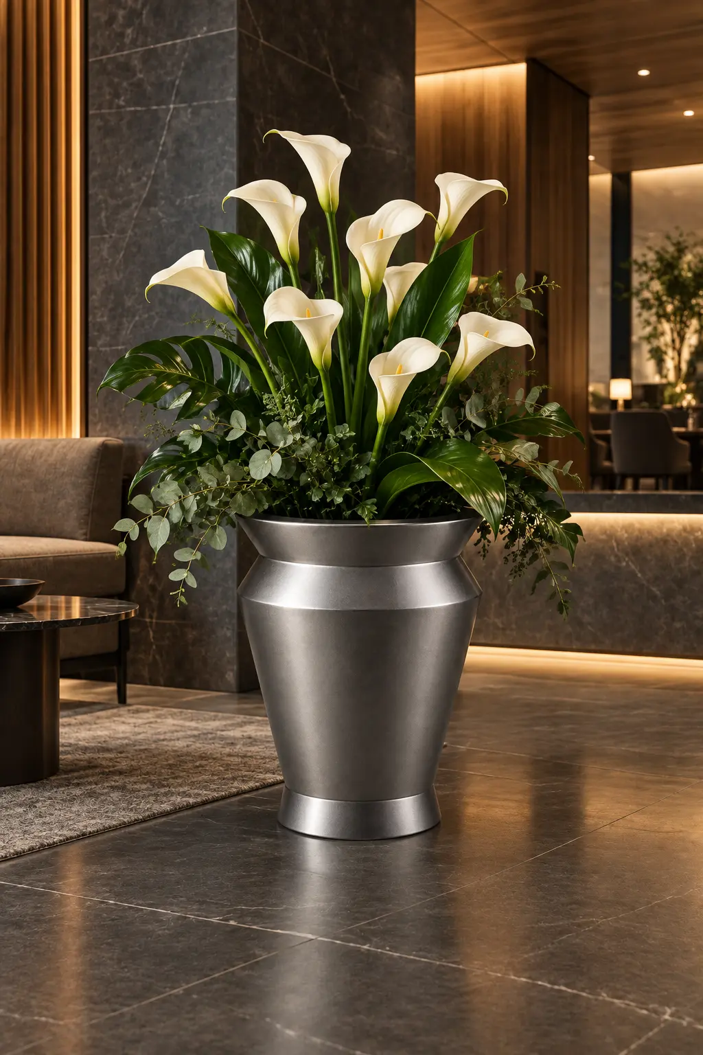 Cachepô Modelo Borda Aberta grafite com flores em ambiente corporativo